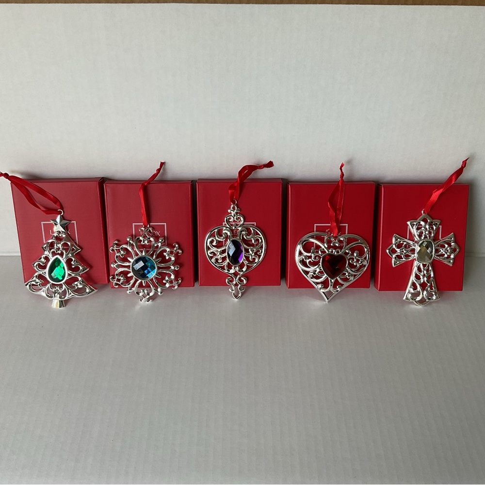 LENOX Bejeweled Silverplate Ornaments Set of 5 Heart Cross Spire Tree Snowflake